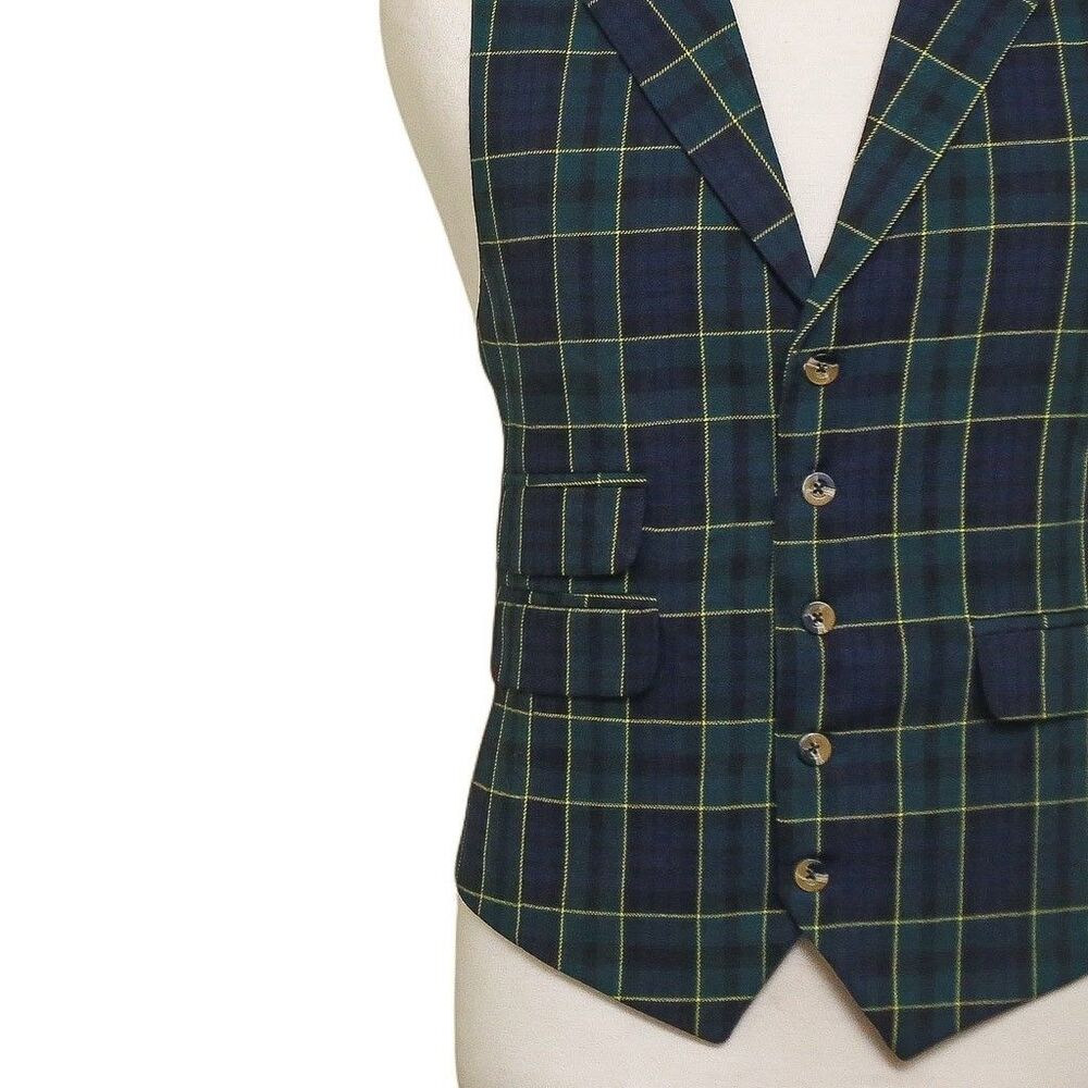 Mens Vest 44R Tartan Plaid Wool Blend Blue Green Yellow Lapel Waistcoat Wedding - Picture 7 of 9